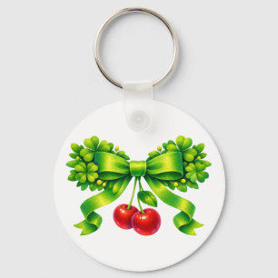 Porte-clés Nœud de trèfle chanceux avec cerises motif vert