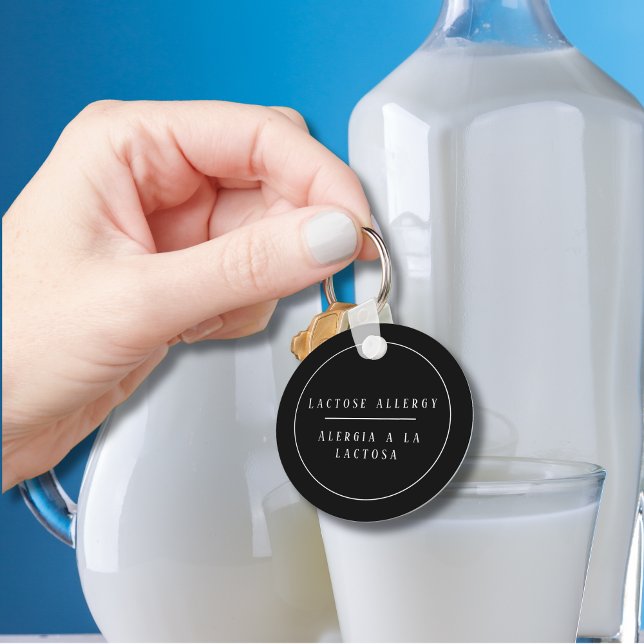 Porte-clés Noir & Blanc Bilingue Allergie Lactose (Black & White Bilingual Lactose Allergy keychain, Spanish customizable text & personalized name )