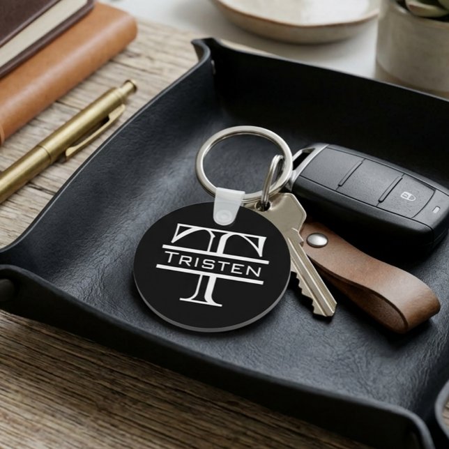 Porte-clés Noir Blanc Monogramme Classique Nom (Créateur téléchargé)