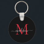 Porte-clés Noir Bourgogne Rouge Monogramme Nom Élégant Script<br><div class="desc">Simple Noir Bourgogne Rouge Monogramme Élégant Porte - clé de script moderne</div>
