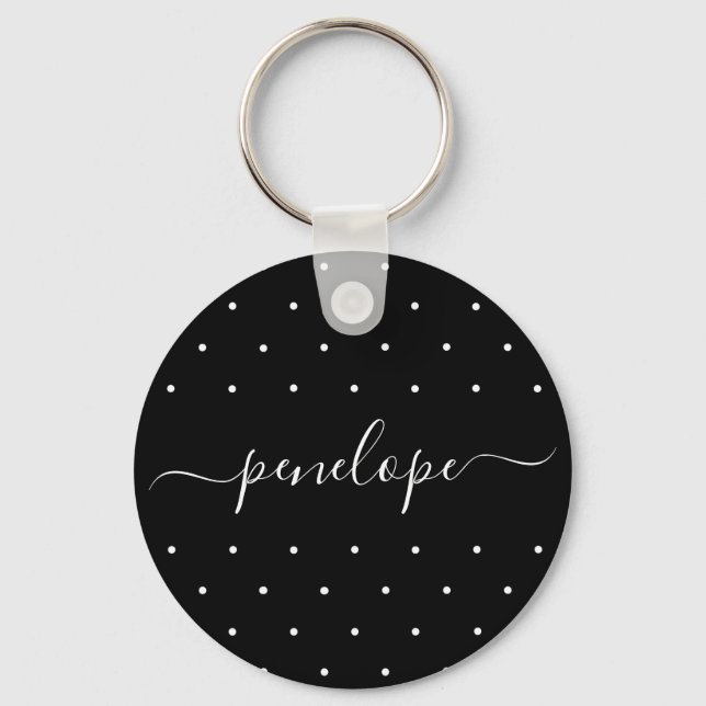 Porte-clés Noir et blanc avec points et typographie de nom (Recto)