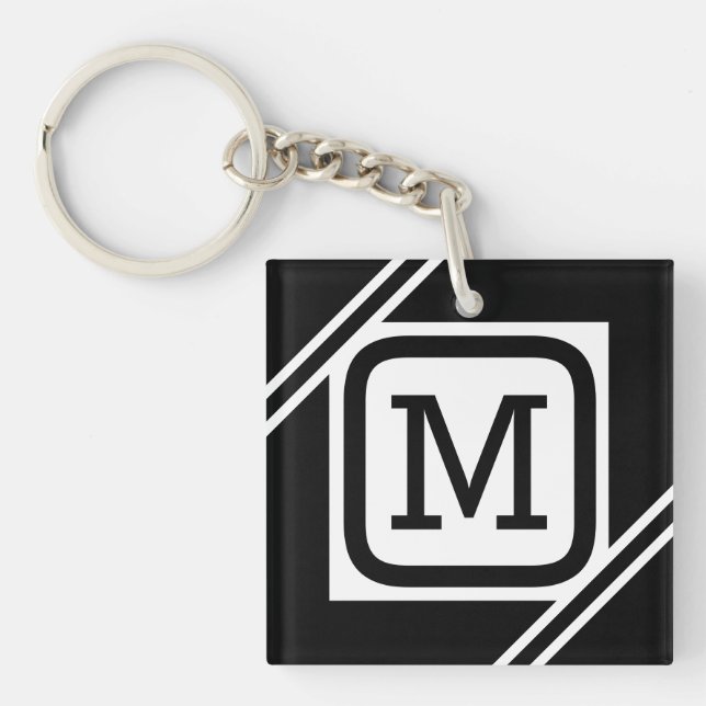 Porte-clés Noir et blanc classique Monogramme à Carré simple (Devant)