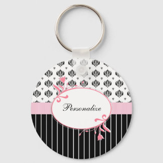 Porte-clés Noir Et Blanc Damas Chic Rose Floral Avec Nom