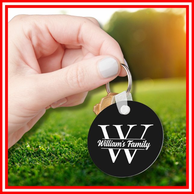 Porte-clés Noir et blanc | Monogramme simple de nom de famill (Créateur téléchargé)
