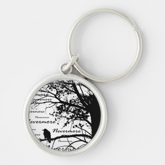 Porte-clés Noir et blanc Nevermore Corbeau Silhouette Arbre (Devant)