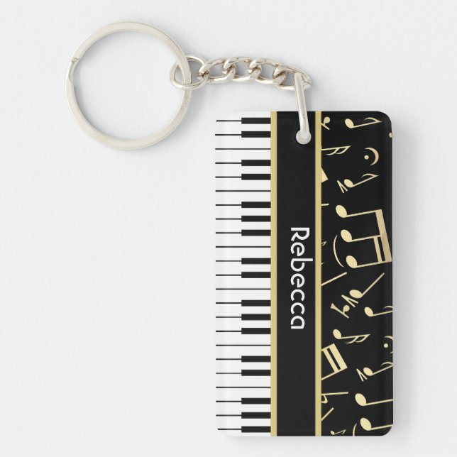 Porte-clés Noir et or de notes musicales et de clés de piano (Devant)