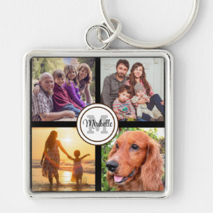 Porte-clés noir famille collage photo monogramme