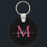 Porte-clés Noir Magenta rose Nom Monogramme Élégant Script<br><div class="desc">Simple Black Magenta Hot Pink Monogramme Élégant Porte - clé de script moderne</div>