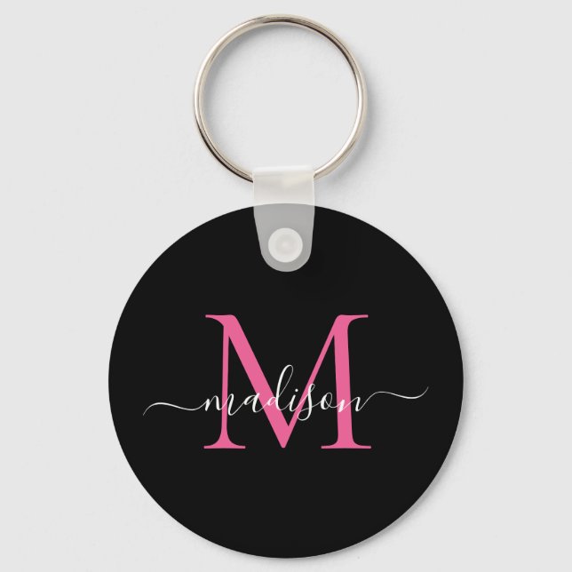 Porte-clés Noir Magenta rose Nom Monogramme Élégant Script (Recto)
