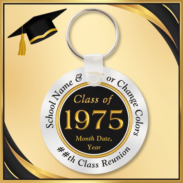 Porte-clés Noir, Or, Blanc, Classe des Idées de Réunion 1975, (Class of 1975 Reunion, party favors, souvenirs and inexpensive class reunion gifts. Black and Gold.)