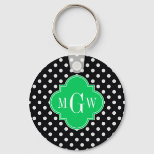 Porte-clés Noir Polka Dot Emerald Quatrefoil 3 Monogramme