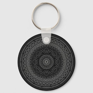Porte-clés Noir rond Mandala v3