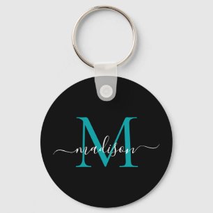 Porte-clés Noir Turquoise Nom Monogramme Élégant Script mod