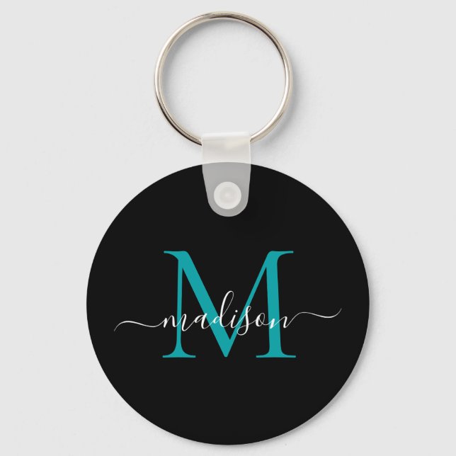 Porte-clés Noir Turquoise Nom Monogramme Élégant Script moder (Recto)
