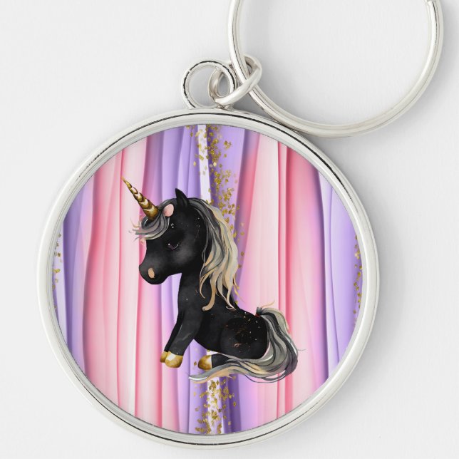Porte-clés Noir Unicorne oreilles roses (Devant)