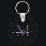 Porte-clés Noir Violet Monogramme Nom Élégant Script<br><div class="desc">Simple noir violet violet Monogramme élégant Porte - clé de script moderne</div>