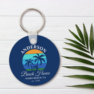 Porte-clés Nom de famille Beach House Sun Palm Trees Blue
