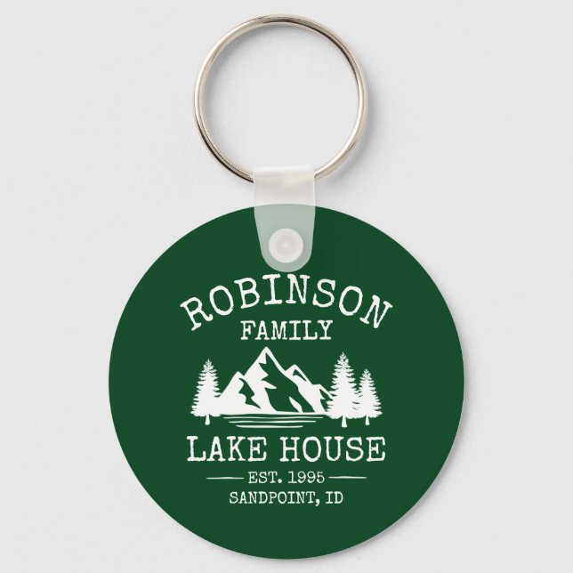 Porte-clés Nom de famille Lake House Trees Forest Green Round (Recto)