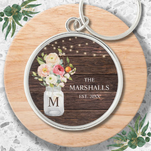 Porte-clés Nom de famille Monogramme Fleur Jar Mason Rustique