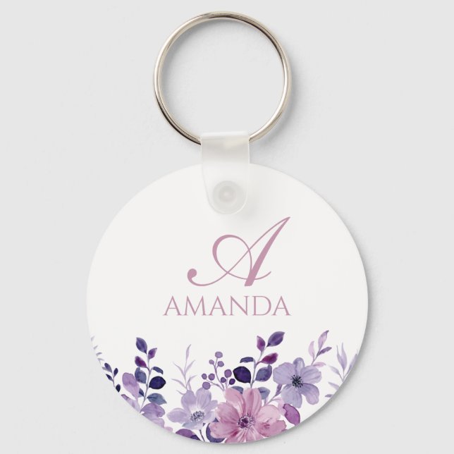 Porte-clés Nom de la Personnaliser Fleur violet blanc (Recto)