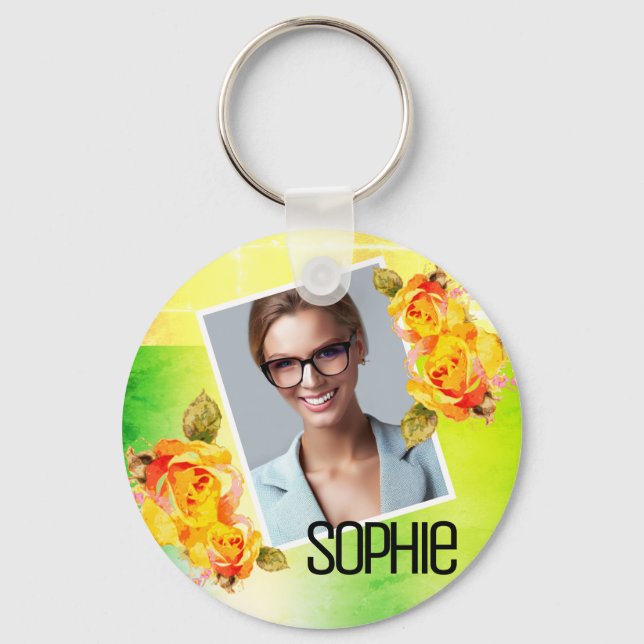 Porte-clés Nom de la photo Aquarelle Floral Vert Fleurs Roses (Recto)