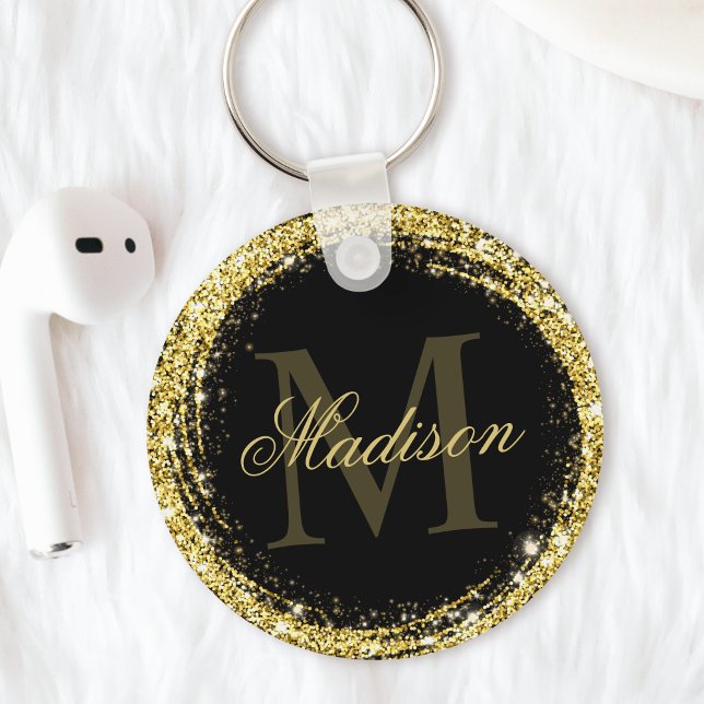 Porte-clés Nom de monogramme paillettes or noir glamour (Créateur téléchargé)