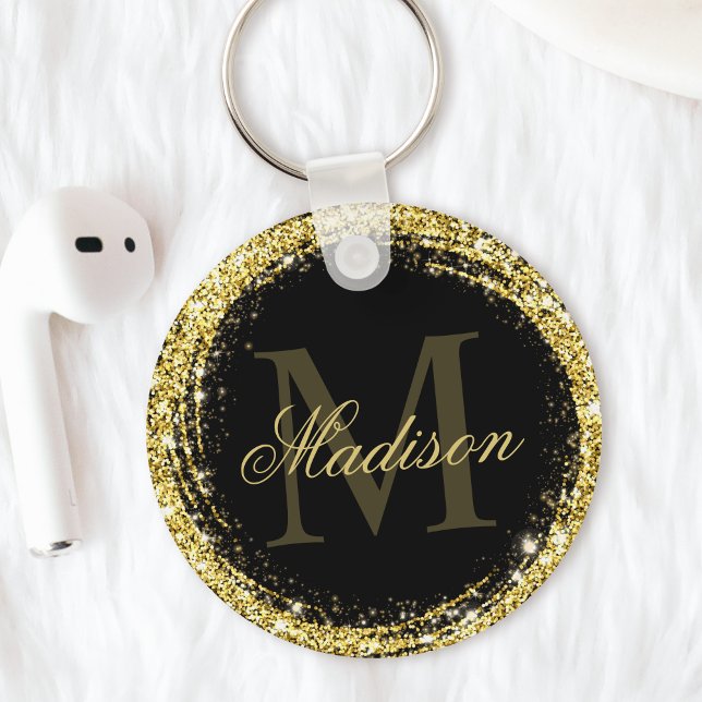 Porte-clés Nom de monogramme paillettes or noir glamour (Créateur téléchargé)