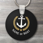 Porte-clés Nom du bateau Ancre Gold Style Laurel Star Marine<br><div class="desc">Un Porte - clé personnalisé avec votre nom de bateau, votre nom de famille ou tout autre texte souhaité, au besoin. Doté d'une ancre nautique conçue sur mesure, de feuilles de laurier de style or et d'emblème d'étoile sur le noir ou de régler facilement la couleur primaire pour correspondre à...</div>