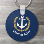 Porte-clés Nom du bateau Ancre Gold Style Laurel Star Navy Bl<br><div class="desc">Un Porte - clé personnalisé avec votre nom de bateau, votre nom de famille ou tout autre texte souhaité, au besoin. Doté d'une ancre nautique conçue sur mesure, de feuilles de lauriers de style or et d'un emblème d'étoiles en bleu marine ou de régler facilement la couleur primaire pour correspondre...</div>