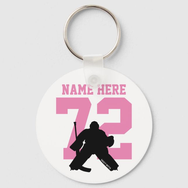 Porte-clés Nom du gardien de hockey personnalisé Numéro rose (Recto)