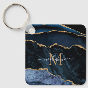 Porte-clés Nom du monogramme Agate Marine Bleu Gold Gemstone 