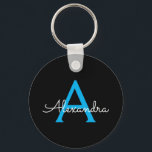 Porte-clés Nom du monogramme de la fille en noir bleu<br><div class="desc">Noir et Bleu Simple Script Monogramme Nom Clés (Porte - clé). Cela rend le cadeau parfait pour 16 ans,  mariage,  douche nuptiale,  anniversaire,  baby shower ou bachelorette pour quelqu'un qui aime le luxe glam et les styles chic.</div>