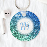 Porte-clés Nom du monogramme de sirène de Parties scintillant<br><div class="desc">Personnalisez facilement ce magnifique porte - clé de faux parties scintillant bleu brillant avec votre monogramme et nom de script manuscrit personnalisé.</div>