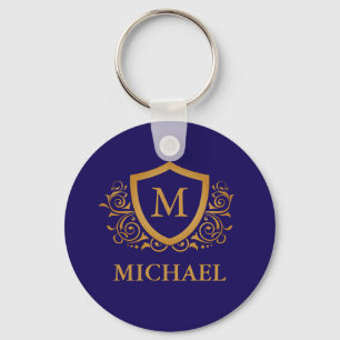 Porte-clés Nom du monogramme personnalisé bleu et or de la ma