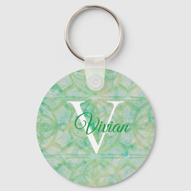 Porte-clés Nom Du Monogramme Vert Et Bleu De L'Aquarelle (Recto)