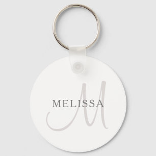 Porte-clés Nom élégant Monogramme Blanc & Gris