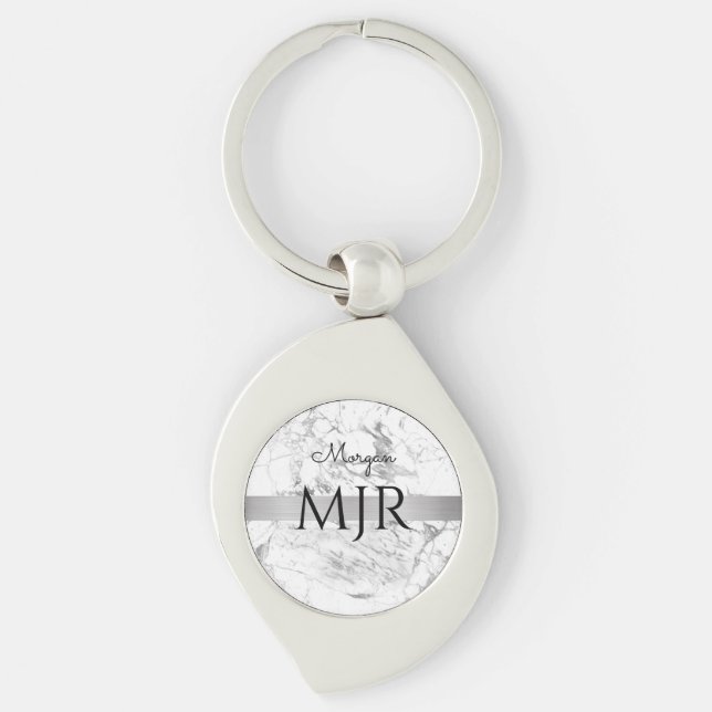 Porte-clés Nom en écriture noire Lg Monogram, Marbre blanc et (Devant)