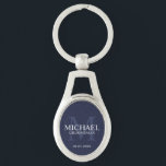 Porte-clés Nom et monogramme des Groomsmen Personnalisés de l<br><div class="desc">Ajoutez une touche personnelle à votre mariage avec un porte - clé de toiletteurs personnalisé. Ce porte - clé présente le nom du marionnettiste personnalisé avec titre et date mariage en blanc et monogramme en bleu marine clair comme arrière - plan, dans le style de police serif classique, sur arrière...</div>