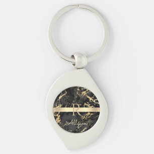 Porte-clés Nom et monogramme DIY, barre dorée, marbre noir et