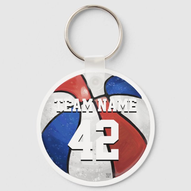 Porte-clés Nom et numéro de l'équipe Basket Bleu Bleu Rouge (Recto)