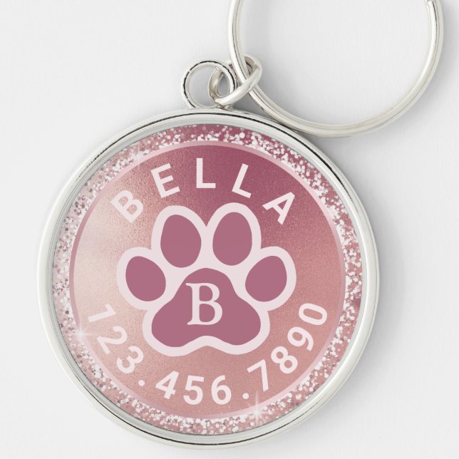 Porte-clés Nom et téléphone du monogramme | Étiquette Rose Go (Devant)