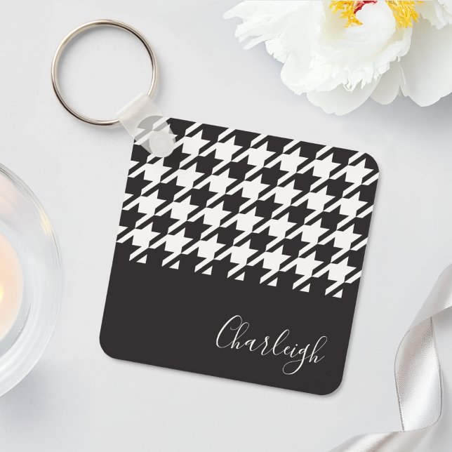 Porte-clés Nom Houndstooth Noir et Blanc Moderne Classique (Créateur téléchargé)