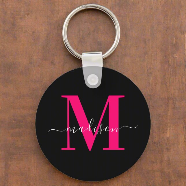 Porte-clés Nom initial unique l Noir & Gras Rose Monogramme (Créateur téléchargé)