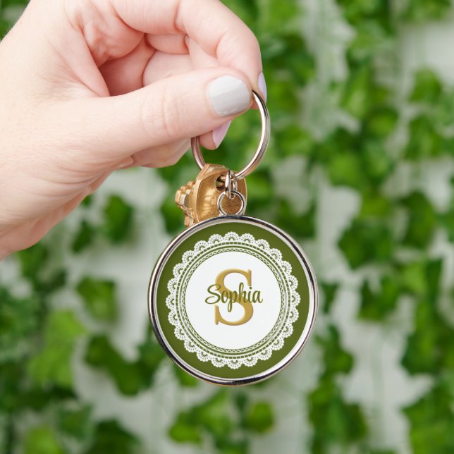 Porte-clés Nom Monogramme Élégant Vert Olive Broderie Anglais (Main)