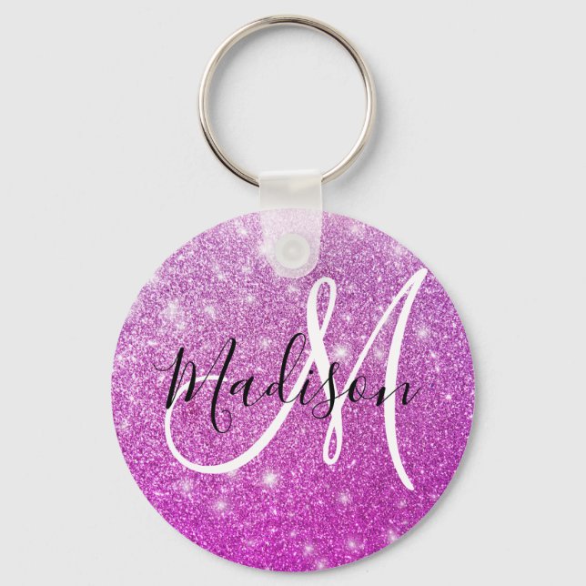 Porte-clés Nom monogramme paillettes violet Girly & Glam (Recto)