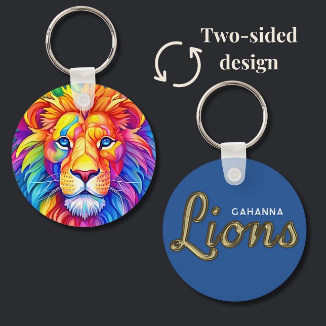 Porte-clés Nom personnalisé à deux côtés de la tête de lion a (Made especially for the Gahanna Lions, this rainbow lion keychain shows school pride. )