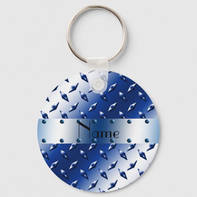Porte-clés Nom personnalisé acier diamant bleu plaque (Recto)
