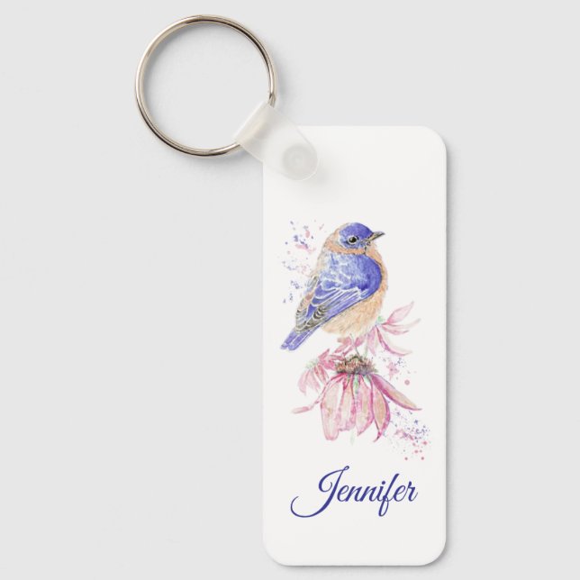 Porte-clés Nom personnalisé Aquarelle Bluebird Garden Oiseau  (Recto)