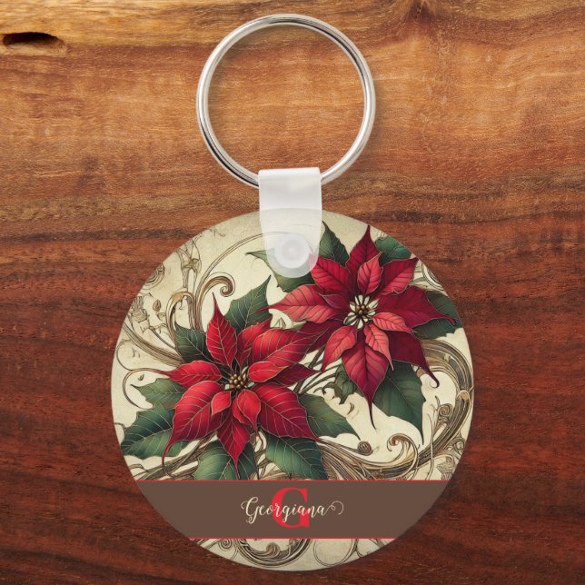 Porte-clés Nom personnalisé Art Nouveau Noël Poinsettia (Recto)