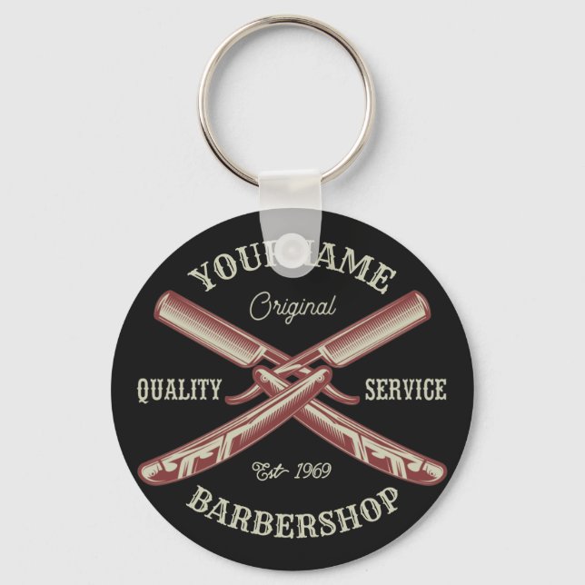 Porte-clés NOM PERSONNALISÉ Barber Droit Razor Barbershop (Recto)